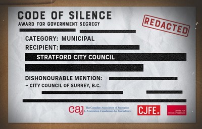 The Code of Silence Awards are presented annually by The Canadian Association of Journalists (CAJ); the Centre for Free Expression at Ryerson University (CFE); News Media Canada; and Canadian Journalists for Free Expression (CJFE). (CNW Group/Canadian Association of Journalists). (CNW Group/Canadian Association of Journalists)