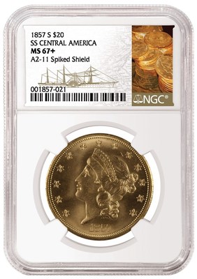An 1857-S $20 recovered from the SS Central America shipwreck graded NGC MS 67+