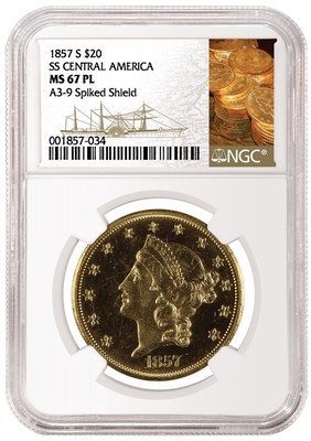 An 1857-S $20 recovered from the SS Central America shipwreck graded NGC MS 67 Prooflike