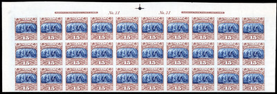 15-cent brown and blue, Plate Proof on india, top sheet margin pane of 30, estimated value $9,680