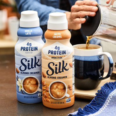New Silk Enhanced Almond Creamers allow coffee lovers to up their coffee game with 4 grams of protein per 4-tablespoon serving (8% DV)