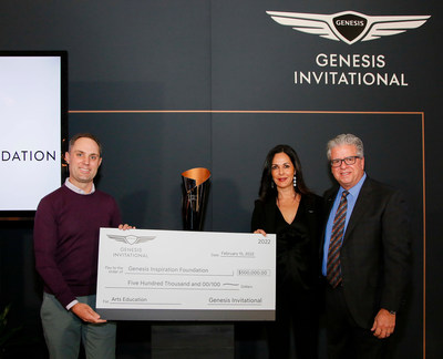 Mike Antolini, vice president, championships at TGR Live (left), Claudia Marquez, chief operating officer at Genesis Motor North America (center), and Peter Lanzavecchia, director at Genesis Inspiration Foundation Board of Directors and president/owner at Genesis of Cherry Hill (right), pose for a photo during a check presentation ceremony at The Riviera Country Club in Pacific Palisades, Calif., Tuesday, Feb. 15, 2022. The Genesis Inspiration Foundation is presented with a charitable donation from The Genesis Invitational to support youth programming at nonprofit arts and cultural organizations nationwide.