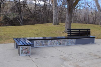 A newly installed bench in Manitou Park contains hard-to-recycle plastic items collected by local participants in the Greater Boise area through the Hefty® EnergyBag® Program. Credit: Catherine Chertudi