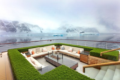 An outdoor lounge area just above sea level with recessed, heated couches and lava rock “firepits,” the Finse Terrace was designed to allow guests on board Viking Octantis the comforts of the ship al fresco while enjoying the dramatic scenery. For more information, visit www.viking.com.