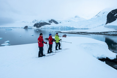 Guests on shore during one of Viking’s first expeditions to Antarctica.  Guests will be provided with everything they need: a Viking Expedition Kit contains items like boots, binoculars and waterproof pants—and all guests will receive complimentary use of Viking Excursion Gear, which includes specialty items like trekking poles, snowshoes and skis. For more information, visit www.viking.com.