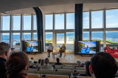 The world’s most advanced venue for learning at sea, The Aula, is a stunning panoramic auditorium at the stern of the Viking Octantis. Pictured here is the ship’s ceremonial godmother, Liv Arnesen, world-renowned Norwegian explorer and educator (left), with fellow explorer Ann Bancroft (right), who will be godmother to the identical Viking Polaris later this year, giving a lecture in The Aula. For more information, visit www.viking.com.