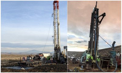 Figure 1.  Left: Mud-rotary rig drilling IP22-003 pre-collar along the RFZ. The Lone Tree Mine Complex (~8Moz Au) is visible in the background. Right: RC rig drilling the IP22-001 precollar in the Fairway Zone. (CNW Group/Nevada King Gold Corp.)