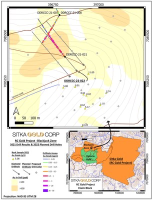 Figure 2 - Blackjack Zone Drill Results & 2022 Planned Drill Holes (CNW Group/Sitka Gold Corp.)