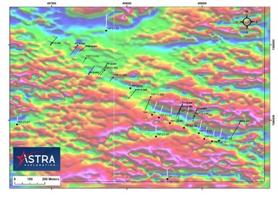 Figure 2: Trenches in the North Zone over magnetics. Black traces represent trenches and holes from previous exploration. Trenches from this program are represented with white traces. (CNW Group/Astra Exploration Limited)