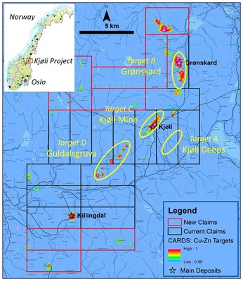 Figure 1. Priority target areas for the Kjøli diamond drill program. A: Kjøli Deeps; B: Grønskard mine area; C: Kjøli mine area; D: Guldalsgruva-Rørosmena mine area. (CNW Group/Capella Minerals Limited)