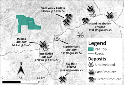 Figure 2 – Location map of the Red Top project displaying Zacapa’s enhanced land position relative to regional porphyry copper mines and development projects in the Superior Mining District1,3,4,5,6 (CNW Group/Zacapa Resources)