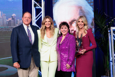 LOS ANGELES (Feb. 22, 2022) -- The annual Legends for Charity® dinner took place on February 10, 2022 and raised $2 million for St. Jude Children's Research Hospital® during Super Bowl week. The coveted Pat Summerall Award was presented to FOX Sports' Erin Andrews, the award's first female recipient. (Pictured/ESPN's Chris Berman; Erin Andrews, Cheri Summerall and Charissa Thompson) (Photo/Mik Milikin for ALSAC/St. Jude Children's Research Hospital)