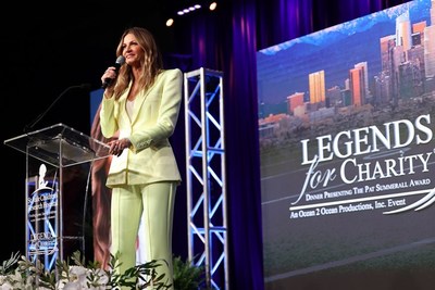 LOS ANGELES (Feb. 22, 2022) – The annual Legends for Charity® dinner took place on February 10, 2022 and raised $2 million for St. Jude Children’s Research Hospital® during Super Bowl week. The coveted Pat Summerall Award was presented to FOX Sports’ Erin Andrews, the award’s first female recipient. (Pictured/Erin Andrews) (Photo/Mik Milikin for ALSAC/St. Jude Children's Research Hospital)