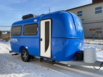 Cortes Campers 17-ft RV Travel Trailer with its state-of-the-art 17-ft travel trailer design and <percent>100%</percent> molded fiberglass construction.  The Cortes Campers features its one-of-a-kind Timbren axle-less independent suspension system, top-of-the-line built-in Furrion appliances, and a full kitchen and wet bath.