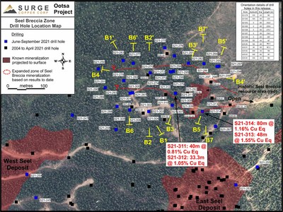 Figure 1. Drill hole location map for the Seel Breccia Zone. (CNW Group/Surge Copper Corp.)