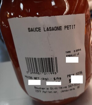 Absence d'informations nécessaires à la consommation sécuritaire de sauce à lasagne conditionnée dans des pots en verre et vendue par l'entreprise Boucherie St-Hilaire