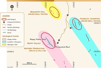 Figure 3 – Happy Valley Plan showing multiple lines of Reef and Drill targets (CNW Group/E79 Resources Corp.)
