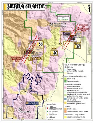 Figure 2. Glitra/Sat.Orbit regional setting with Gold-in-soil results. (CNW Group/Sierra Grande Minerals Inc.)