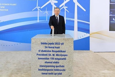 President Shavkat Mirizitoyoyev of Uzbekistan at the ground-breaking of the Nukus wind project.