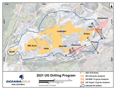 Figure 1. Plan view of the Haile Gold Mine with the reserve pit outline open pit and underground mineralisation footprints and 2021 drill hole traces (CNW Group/OceanaGold Corporation)