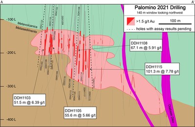 Figure 2. Long Section for the Palomino underground target showing geology and drill holes completed to date (CNW Group/OceanaGold Corporation)