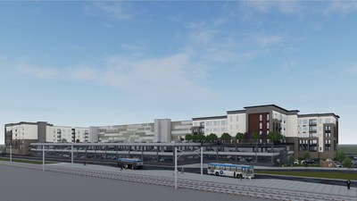 Rendering of Lincoln Station Apartments and light rail station | Lone Tree, CO | Century Living