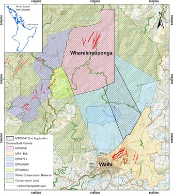 Figure 1: Location Map showing Waihi Gold Mine, WKP and permits held by OceanaGold
Note: MP60541 Extension of Land (EoL) is as proposed and subject to New Zealand Petroleum and Minerals approval. (CNW Group/OceanaGold Corporation)