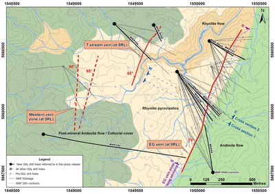 Figure 2: Plan View of Geology, Drill Traces and Distribution of 3 Main Veins at WKP (CNW Group/OceanaGold Corporation)