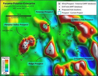 Figure 3: Magnetic image of the northern Panama project area showing the extensive historic mining activity, and location of historical drill holes (from the Mineral Resources Tasmania (MRT) database). The Panama Valley prospect contains more extensive workings, and is larger in area than the previously drilled Potoroo prospect, but remains undrilled. (CNW Group/TinOne Resources Corp.)