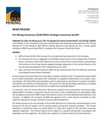 Filo Mining Announces C$100 Million Strategic Investment by BHP (CNW Group/Filo Mining Corp.)