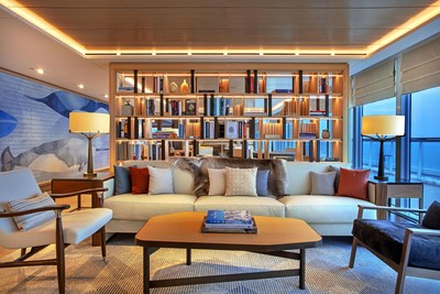 Familiar to guests who have sailed on Viking’s ocean voyages, The Living Room on board the Viking Octantis, pictured here, maximizes views of the surroundings through floor-to-ceiling windows and a library that informs even the best-read explorers. For more information, visit www.viking.com.