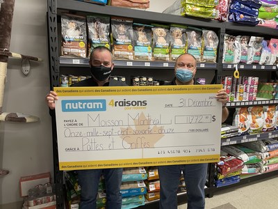 Moisson Montral receives cheque for $11,772, courtesy of Nutram Pet Products and Pattes et Griffes, QC (Groupe CNW/Nutram Pet Products Inc.)