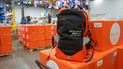 Direct Relief Emergency Medical Backpacks are staged for shipment to Ukraine from Direct Relief's warehouse in Santa Barbara, California, on Feb. 28, 2022. The backpacks contain essential supplies for mobile medical care, including triage equipment like tourniquets and wound care supplies. (Lara Cooper/Direct Relief)