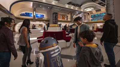 Guests step aboard the Halcyon starcruiser to begin their two-night immersive adventure in Star Wars: Galactic Starcruiser at Walt Disney World Resort in Lake buena Vista, Fla. (Matt Stroshane, photographer)