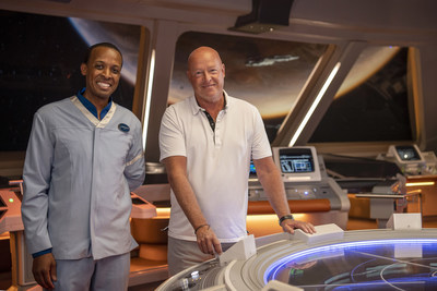 Jerome Smith (left), general manager of Star Wars: Galactic Starcruiser, is joined on the Bridge of the Halcyon starcruiser by The Walt Disney Company CEO Bob Chapek (right) prior to the March 1, 2022, launch of this first-of-its-kind immersive experience at Walt Disney World Resort in Lake Buena Vista, Fla. (Kent Phillips, photographer)