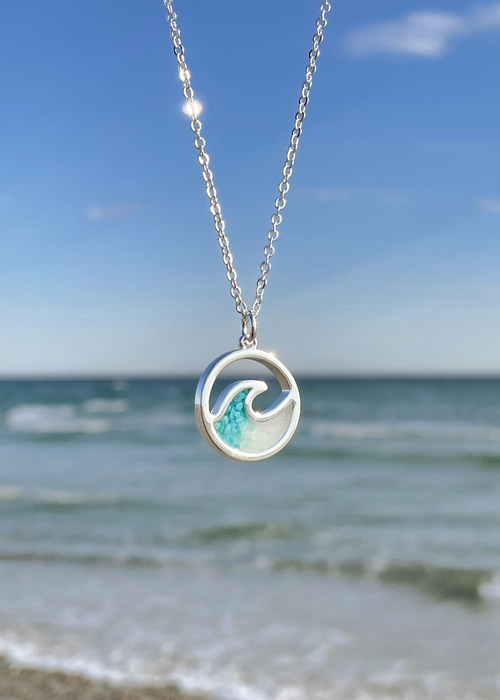 The Dune Jewelry Cresting Wave Necklace, handmade with Turquoise and White Beach sand, is the Giving Week Free Gift with Purchase of $125+.