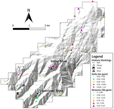 Figure 1 – Map of the Miller Mountain project showing anomalous gold and pathfinder elements in stream sediment and soil sampling results (CNW Group/Zacapa Resources)
