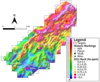 Figure 2 – Map of the Miller Mountain project displaying strongly anomalous rock grab sample results overlain on magnetic geophysical survey results with target areas for 2022 exploration (CNW Group/Zacapa Resources)