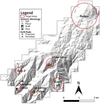 Figure 3 – Map of the Miller Mountain project area showing target areas and 2022 drill sites on shaded relief image of topography (CNW Group/Zacapa Resources)