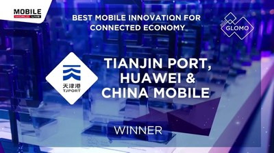 Puerto de Tianjin, Huawei y China Mobile recibieron el premio a la mejor innovación móvil para una economía conectada en el MWC 2022 (PRNewsfoto/Huawei)
