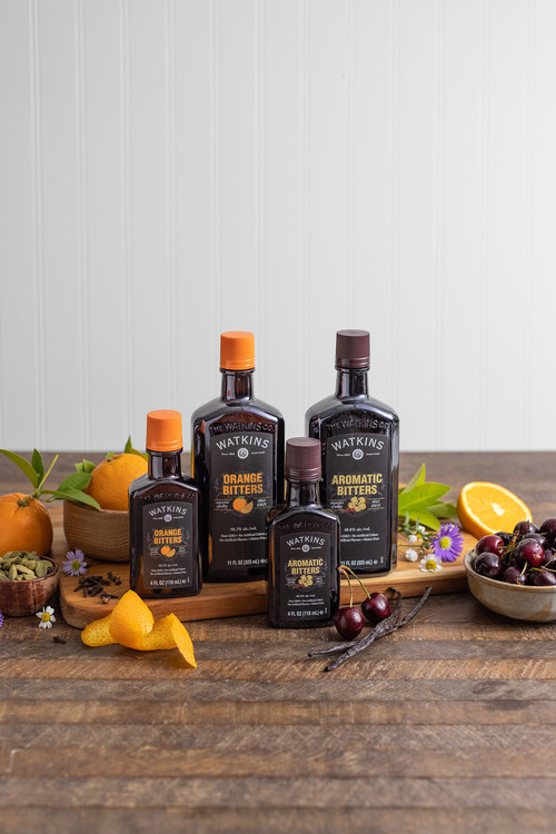 Pictured is the new Watkins Bitters product line, including Watkins Aromatic Bitters and Watkins Orange Bitters in both 4 fl. oz. and 11 fl. oz. bottles.