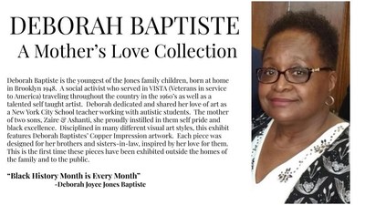 "The love of a mother" by Deborah Baptiste, Her first exhibition of her impressionist work on copper created for each of her brothers-in-law and sisters-in-law, This is the first public exhibition of this collection.