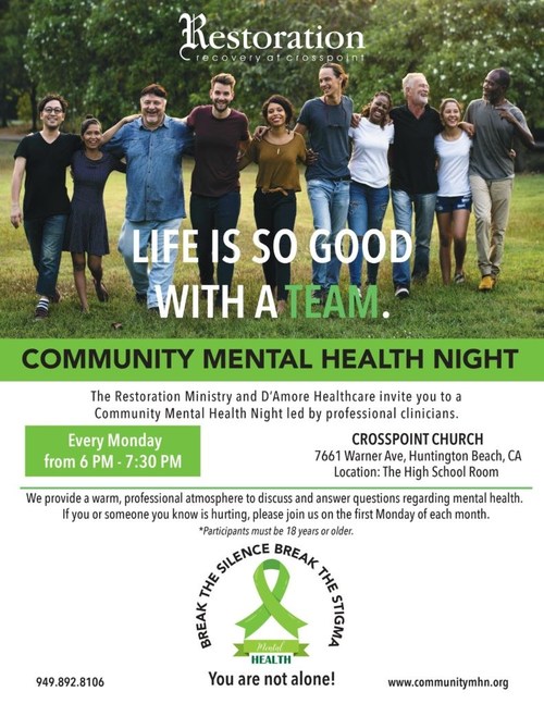 D’Amore Mental Health and the Restoration Ministry are hosting a Mental Health Night at Crosspoint Church in Huntington Beach.