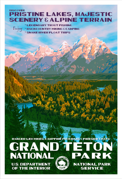 This Grand Teton Poster is an original work by Robert Decker and features an iconic view of the Teton Range as seen from the Snake River Overlook. The mountains of Grand Teton National Park rise above a scene rich with extraordinary wildlife, pristine lakes, and alpine terrain. The granite and gneiss composing the core of the Teton Range are some of the oldest rocks in North America, but the mountains are among the youngest in the world.