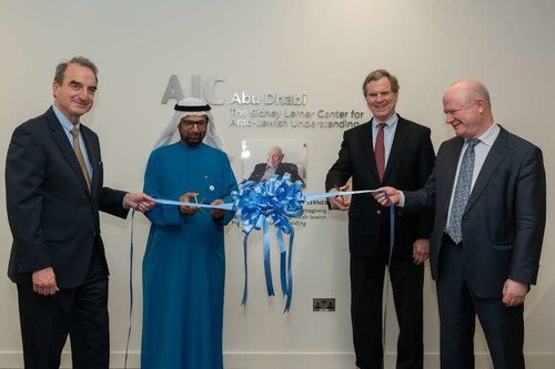 (From left to right): Jason Isaacson, Chief Policy and Political Affairs Officer, AJC; Dr. Ali Rashid Al Nuaimi, Chairman, Defence, Home and Foreign Affairs Committee, UAE Federal National Assembly; David Harris, Chief Executive Officer, AJC; and Director, AJC Abu Dhabi Ambassador Marc Sievers cuts the ribbon at the entrance to AJC Abu Dhabi: Sidney Lerner Center for Arab-Jewish Understanding.