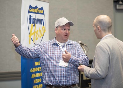 Gerald “Andy” Wright speaks with media after being named the named the 37th winner of Goodyear’s prestigious Highway Hero Award. The Illinois-based truck driver joins a courageous list of past award recipients, dating back to 1983. (Jessica Yanesh for Goodyear).