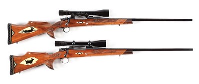 Lot of two consecutively serial-numbered Winslow Arms Co. (Osprey, Fla.) Crown Grade bolt-action rifles in production between 1962-1983. Very ornately carved and inlaid with images of striding and trotting deer, respectively. Each fitted with Bausch & Lomb Balvar 2.5-8x scope. Lot estimate $7,000-$10,000