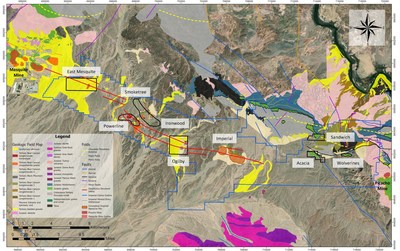 FIGURE 1: Geologic Map Aggregating 2021 Field Work Showing Nine Drills Targets in the Mesquite-Imperial-Picacho District (CNW Group/Kore Mining)