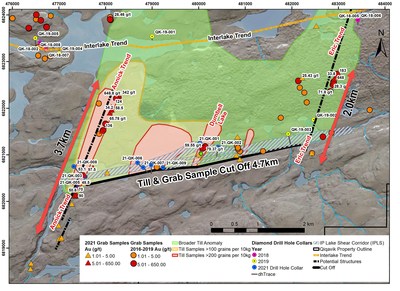 Figure 1: Map of the IPLS showing Grab Sample Results (>1g/t Au), Drill hole locations and Till Gold Grain Count Anomaly Contours. Grab samples are labelled in g/t Au for samples reporting >50g/t Au. Note that grab samples are selective by nature and values reported may not be representative of mineralized zones. Till gold grain results from IOS Geoscientific, total gold grain counts are coarse(+50um) plus fine (-50um) normalized to 10kg. (CNW Group/Orford Mining Corporation) Figure 1: Map of the IPLS showing Grab Sample Results (>1g/t Au), Drill hole locations and Till Gold Grain Count Anomaly Contours. Grab samples are labelled in g/t Au for samples reporting >50g/t Au. Note that grab samples are selective by nature and values reported may not be representative of mineralized zones. Till gold grain results from IOS Geoscientific, total gold grain counts are coarse(+50um) plus fine (-50um) normalized to 10kg. (CNW Group/Orford Mining Corporation)
