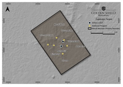 Marudi Project Map, prospects so far identified. (CNW Group/Golden Shields Resources) Marudi Project Map, prospects so far identified. (CNW Group/Golden Shields Resources)